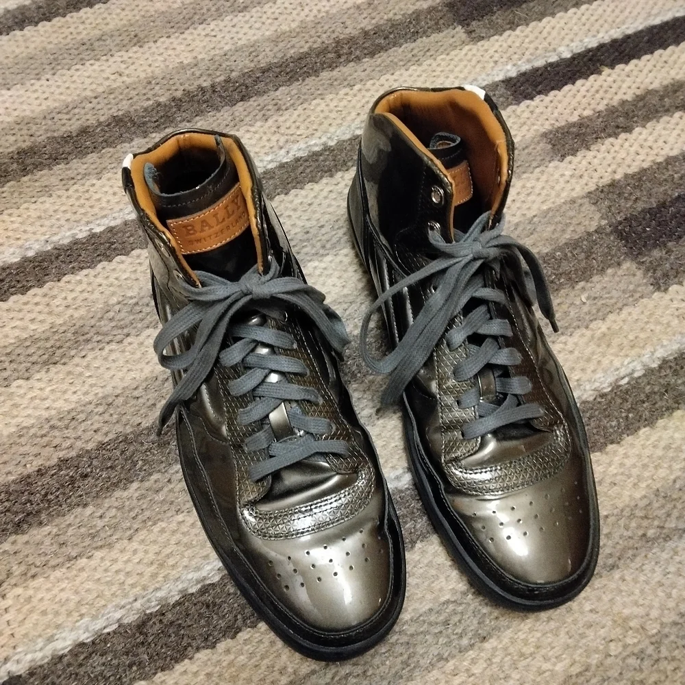 BALLY MENS SHINEY PATENT LEATHER GRAY HIGH TOPS SNEAKERS ETHYX SHOES US 9.5